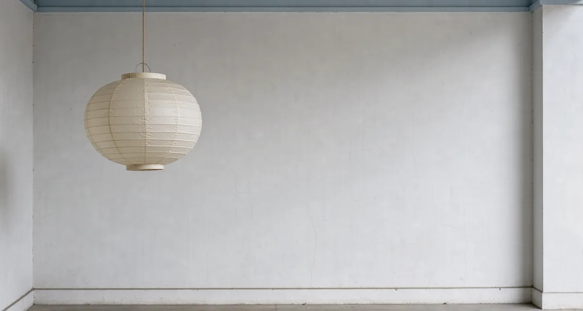 A single plain paper lantern beside an open area of pale veranda wall